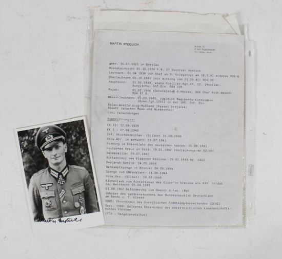 WWII Nazi Martin Steglich Signed Photo