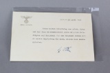 WWII Nazi Adolf Hitler Signed Note Dated 1941