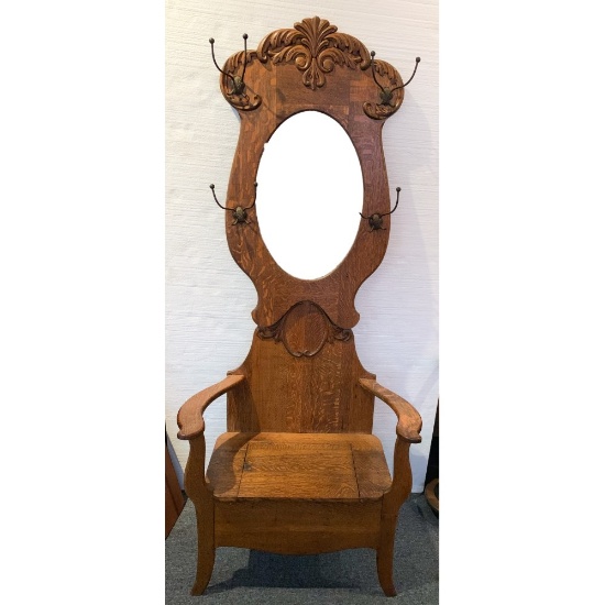 Oak Hall Mirror, Seat, Coat Rack