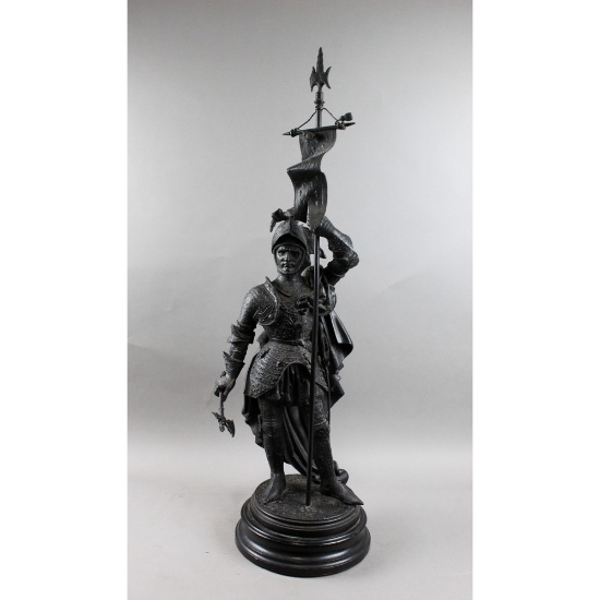 1880's Spelter White Metal Statue Knight w/ Flag