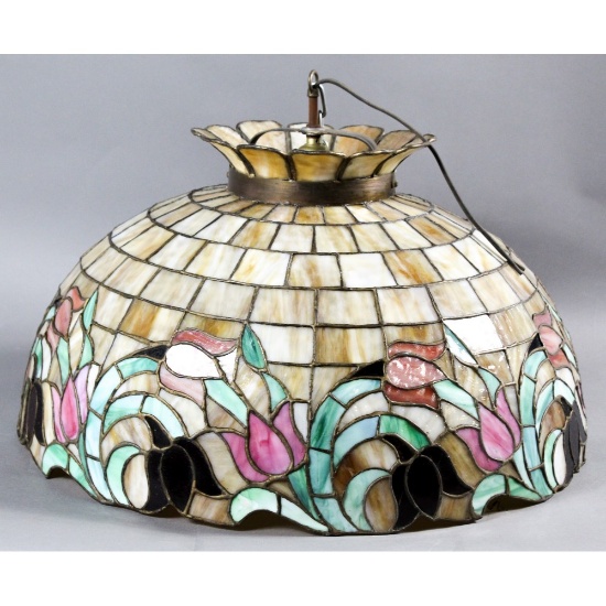 Large Antique Leaded Stained Glass Ceiling Shade