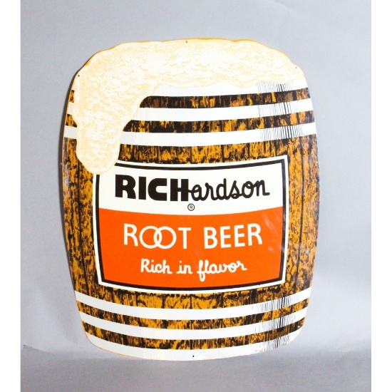"Richardson" Tin Die Cut Root Beer Barrel Sign