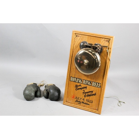 Large Vintage Boxing Ring Bell & Gloves Display