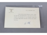 WWII Nazi Adolf Hitler Signed Note Dated 1941