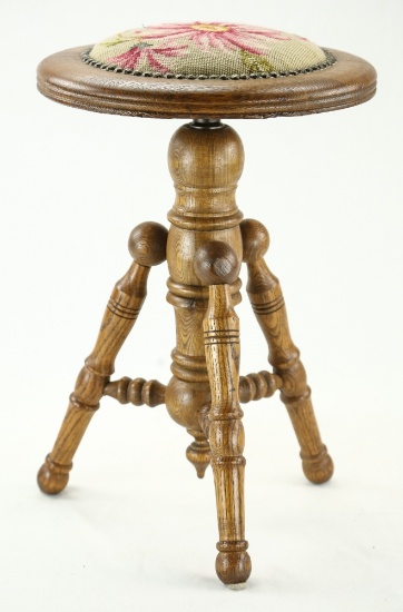 Oak Swivel Needlepoint Top Piano Stool
