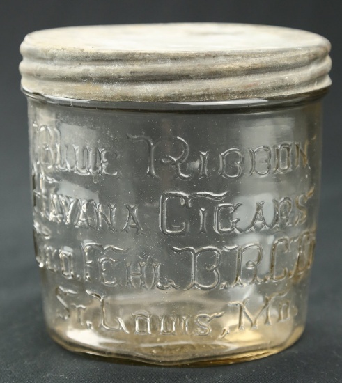 Glass Blue Ribbon Cigar Display Jar