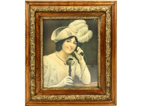 Victorian Litho Print Woman on Candlestick Phone