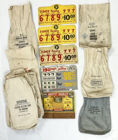 Box Lot of Gambling Pay Out Signs & Money Bags