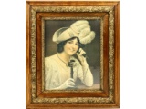 Victorian Litho Print Woman on Candlestick Phone