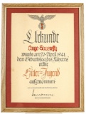 WWII German Hitler Youth Award Document