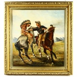 Framed Oil Painting of Fighting Cowboy & Indian