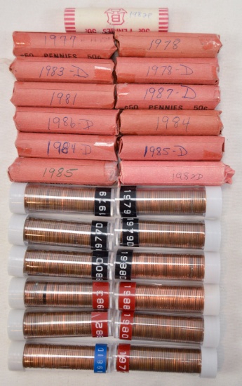 Lot of 25 Rolls of Pennies 1977-1988