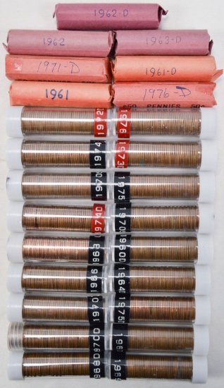 Lot of 25 Rolls of Pennies 1960-1976