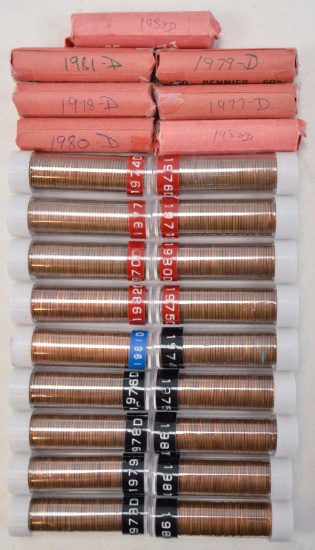 Lot of 25 Rolls of Pennies 1970-1982