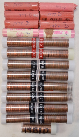 Lot of 25 Rolls of Pennies 1970-1985