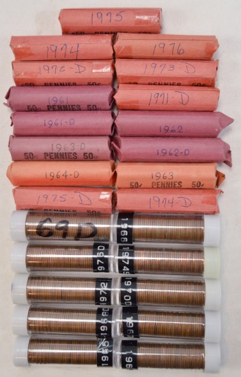 Lot of 25 Rolls of Pennies 1961-1976