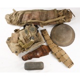 WWI Helmet, Pistol Belt, Gas Mask