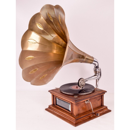 Foreign Disc Horn Phonograph W/Bevel Glass Front