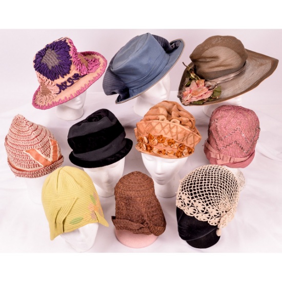 10 1920's Women's Hats Including 7 Cloche Hats