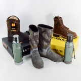 3 Pairs Of Size 13 Boots And Stanley Thermoses
