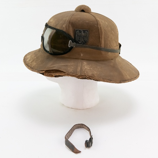 WWII German DAK Canvas Pith Helmet w/Goggles
