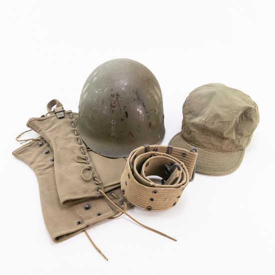 WWII US M1 Helmet Liner, Winter Cap, Web Belt Lot