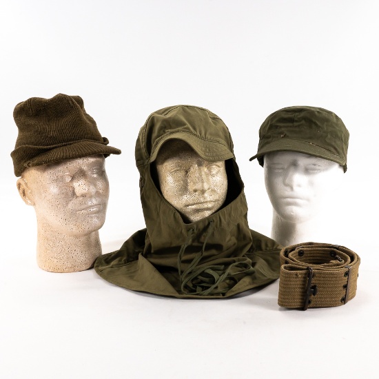 WWII US Army Hood, Knit Cap, Hat, Web Belt Lot