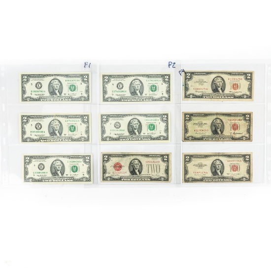 (9) Assorted 1928-2003 $2 Dollar Bills