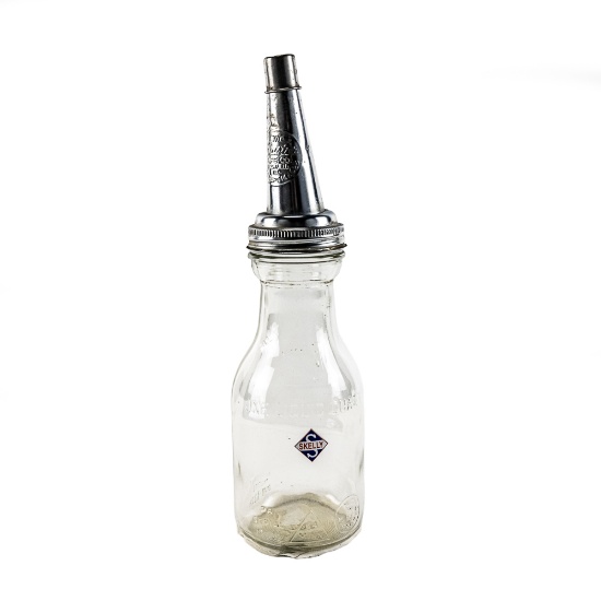 Skelly Quart Glass Oil Jar w/ Metal Nozzle & Cap