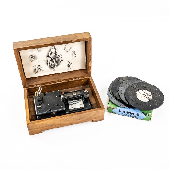 Vintage Thorens Music Box & Box of Records
