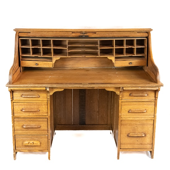 54" Oak Roll Top Desk S Curve Top W/Key