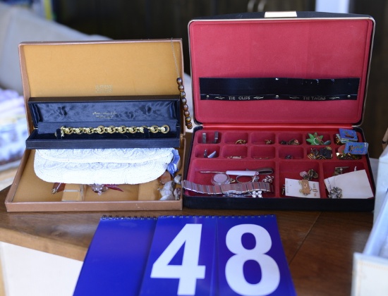 Jewelry Box With Misc. Rings, Pins, Necklaces And Earrings, Tie Tacks, Pins, Watches And More