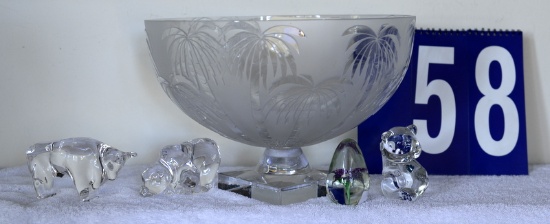 Frosted 13”, Crystal Bowl with Palm Tree Design. Crystal Bear, Crystal Bull, Teddy Bear and Iris In