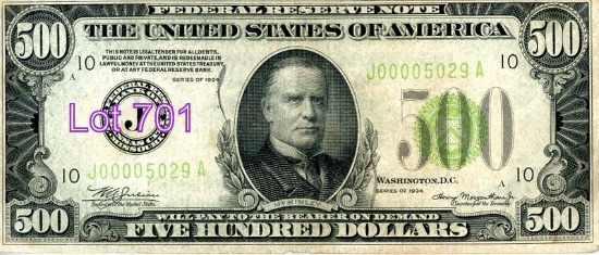 500 Bill SN: J00005029A, SERIES OF 1934