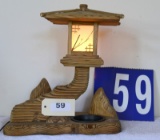Lighted Wood Asian Lamp with Damaged Window Panel