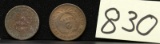 1916 2 1/2 Cent Republic of Panama Coin, 1864 US Coin Two Cent Coin