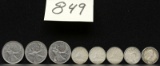 (5) Pre 1967 Canada Dimes (3) Newer Canadian Quarter