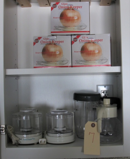 3 CUPBOARDS-CUPS BOWLS, BAKING ITEMS, ONION CHOP