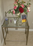 PAIR GLASS NIGHT STANDS AND FLORAL ITEMS