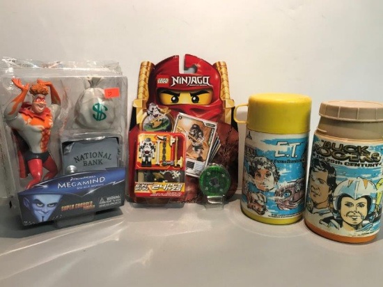 Mixed Lot Megamind, Lego, And Vintage Thermos Lot