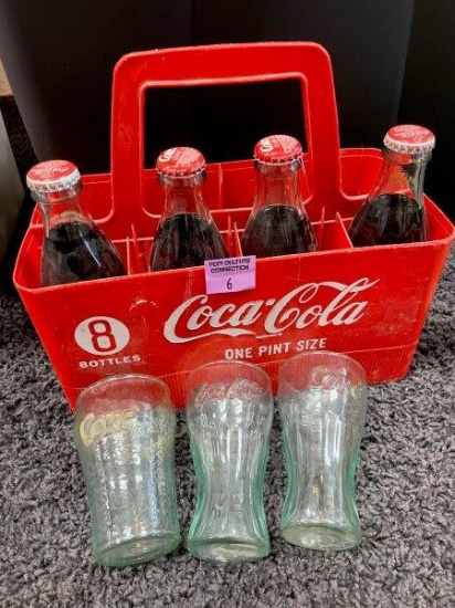 Vintage Coca Cola Plastic 8 Bottle Crate, Bottles And Glasses Lot