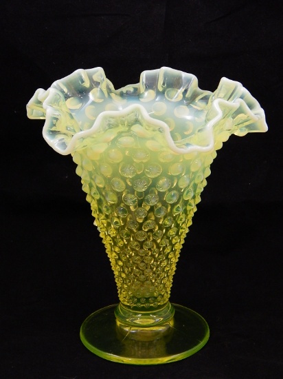 Vasaline Opalescent Ruffled Hobnail Glass Vase