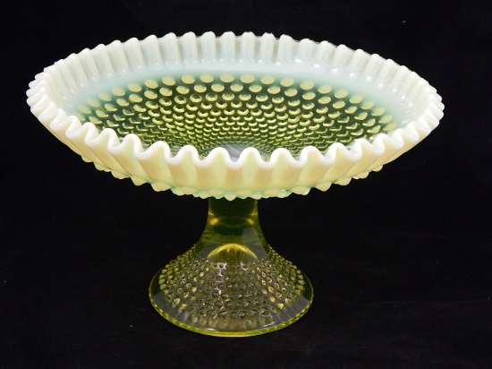 Vasaline Opalescent Ruffled Hobnail Glass Fruit Bowl