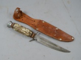 Vintage Solingen Germany Fixed Blade Stag Handle Knife with Sheath