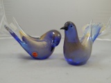 Pair of Blue & Gold Murano Italian Glass Doves / Lovebirds