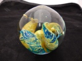 Lovely Blue / Yellow Signed and Numbered Bubble Glass Paperweight
