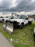 2008 Ford F350 Flatbed Truck, Dually, Automatic, 6.8L Triton V10, 4x4, Fisher V-Plow Attached, Dura
