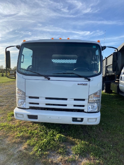 2014 Isuzu NPR Stake Side Flatbed, V8 - Gas, Automatic, Rear Lift Gate, 16 ft Bed, VIN: