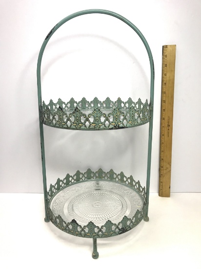 Pretty Antiqued Green Wrought Iron 2-Tier Dessert Server