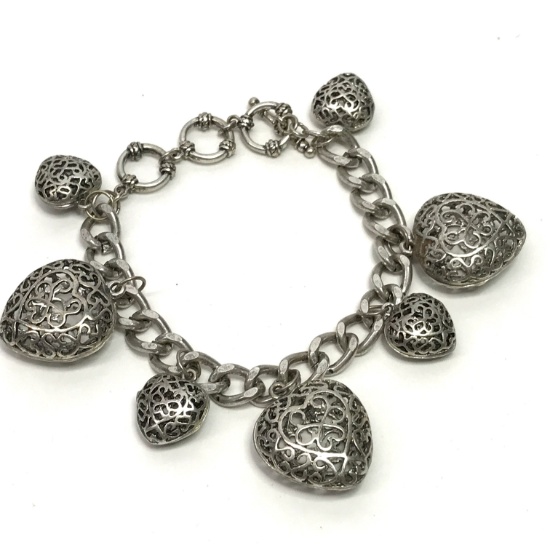 Pretty Silver Tone Puffed Heart Charm Bracelet
